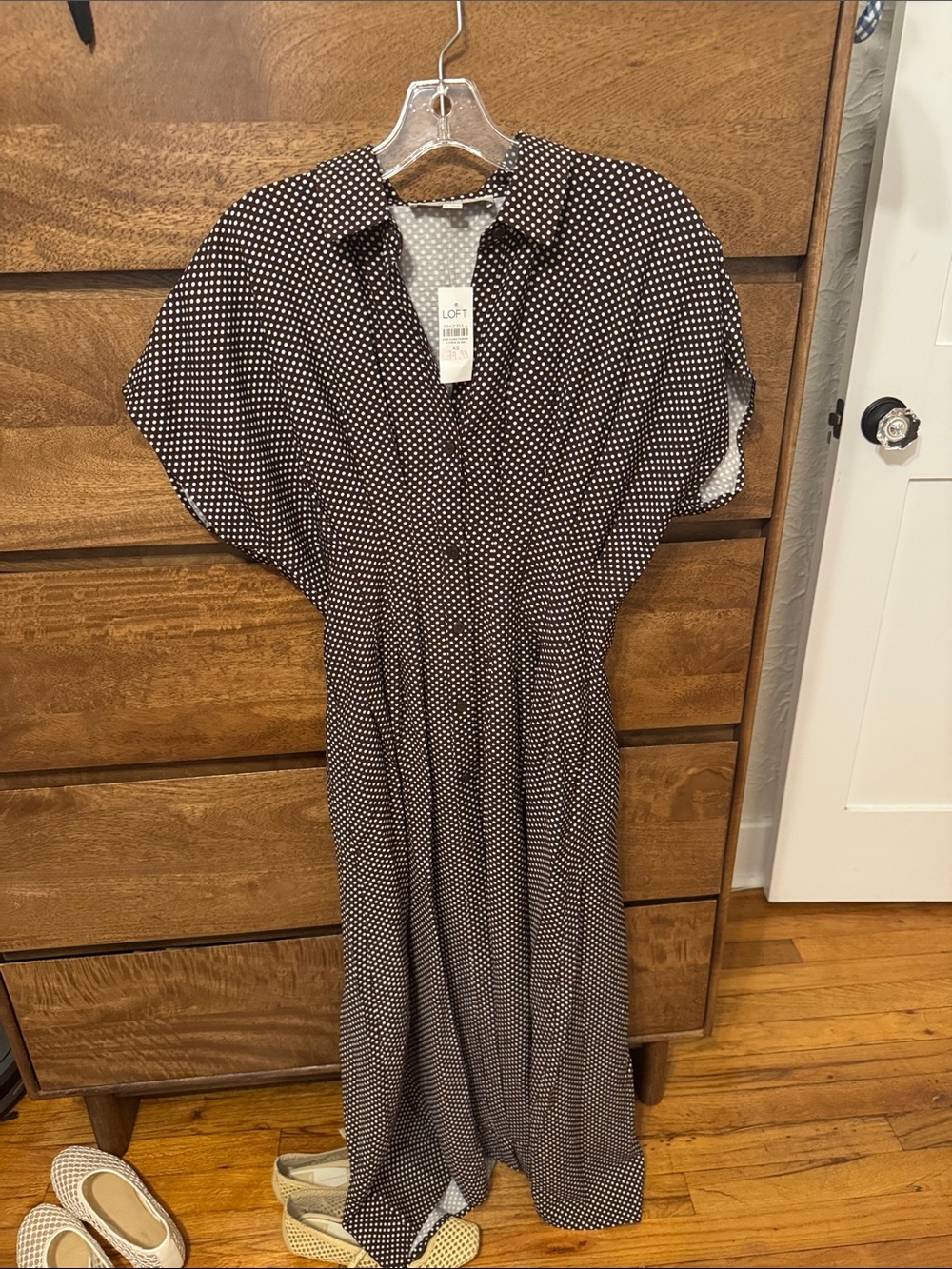 LOFT Brown and White Polka Dot Maxi Button-Front Dress